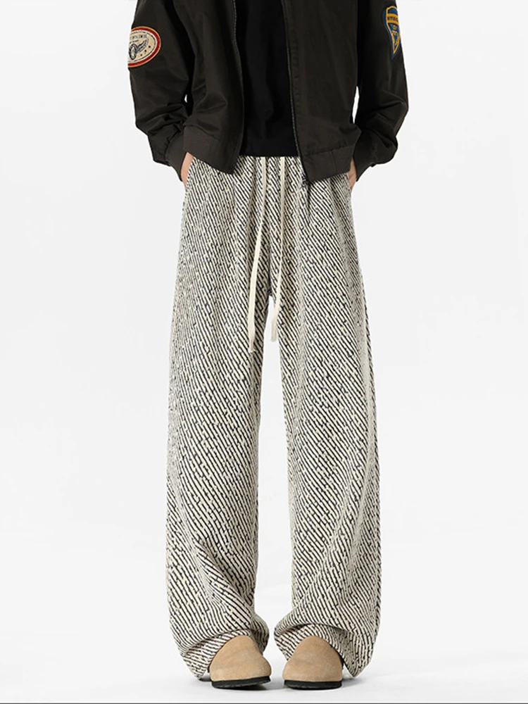 

American Sle Fce Lined Men's Casual Pants Thi Warm Winter Straight Leg Drapey Wide Leg Long Trousers Faionable Youth