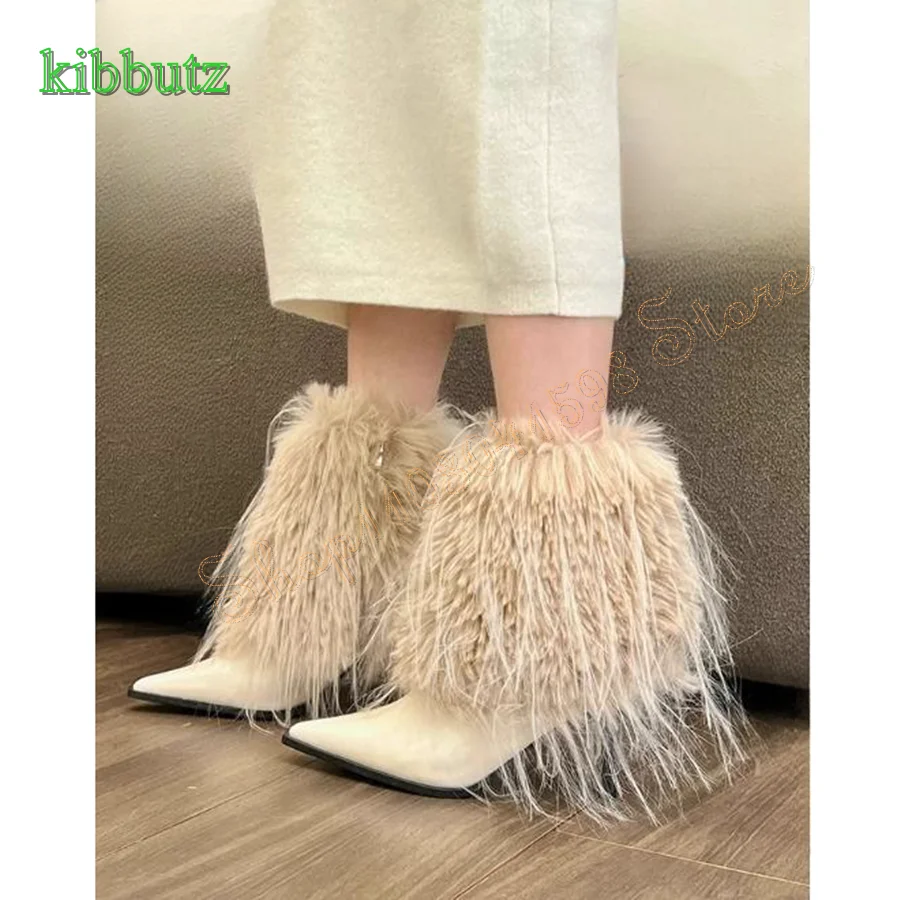 

Fashion Fringed Furry High Heel Boots,Pointed Toe Leather Stiletto Mid-Calf Boots Party Women Boots 2024 New Zapatos Para Mujere