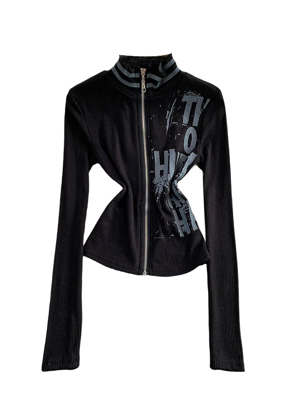 Retro American Striped Knitwear Zipper Slim Fit Women's Stand Collar Outerwear Long Sve Office Wear Summer Autumn Winter