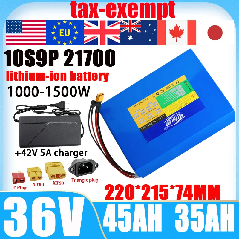 New 36V 45Ah 35Ah 25Ah 15Ah 21700 lithium battery pack built-in BMS 1000W 2500W high-power electric tool with +42V 5A charger