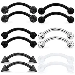 2-12PCS 16G Black Medical Steel Eyebrow Piercing Ring Transparent Zircon Curved Barbell Pierced Body Jewelry Suitable Men Women