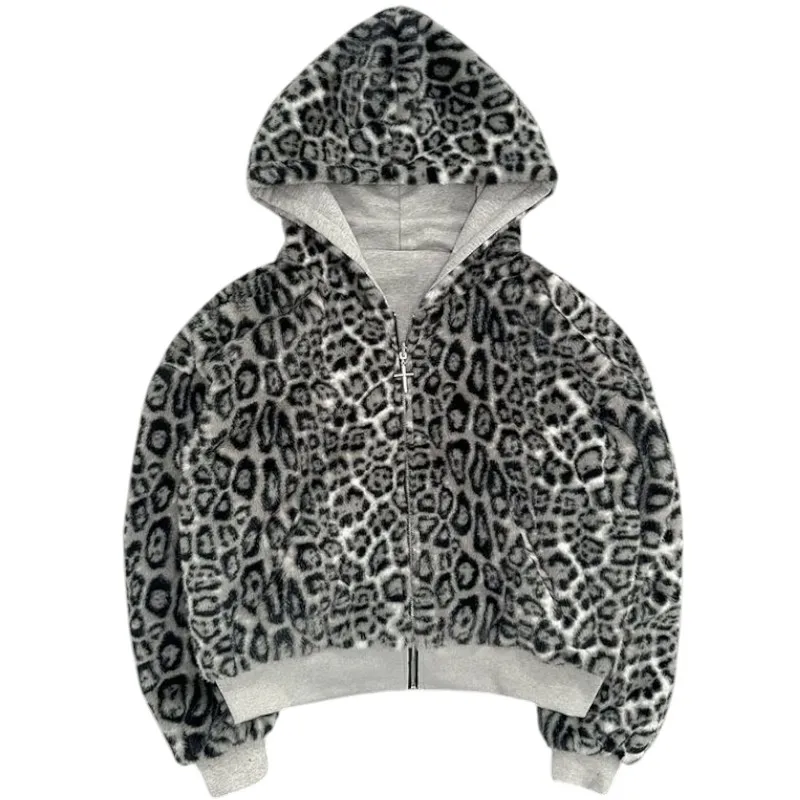2025秋冬 リバーシブル フード付きスウェットシャツ レトロ レオパード柄 ジップアップパーカー ルーズフィット トップス アウター