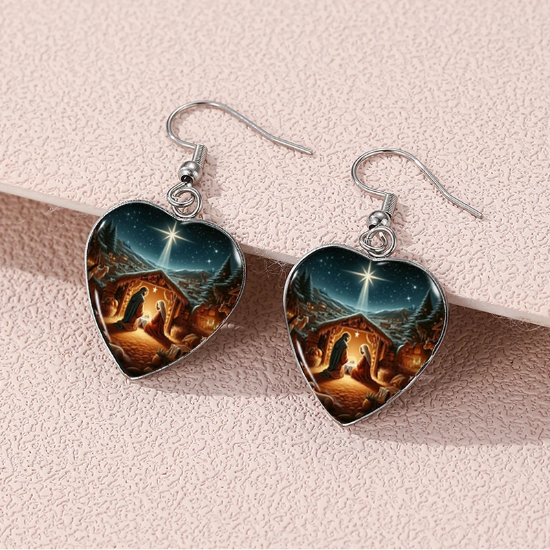 2024 New the Birth of Jesus Dangle Earring Heart Shaped Earrings Handmade Glass Dome Jewelry