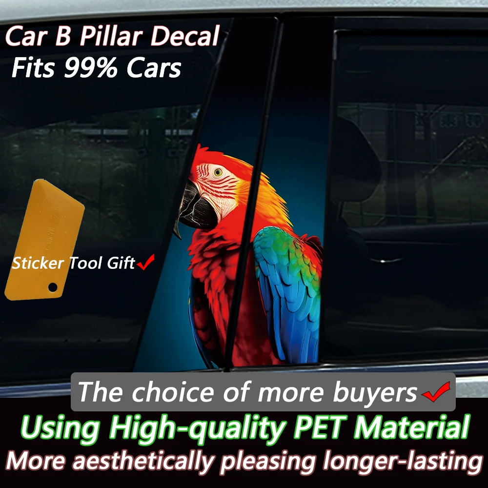 2PCS Colorful Parrot Car B-Pillar Sticker, High Quality PET Decal, Durable Aesthetic Decor for Most Vehicles
