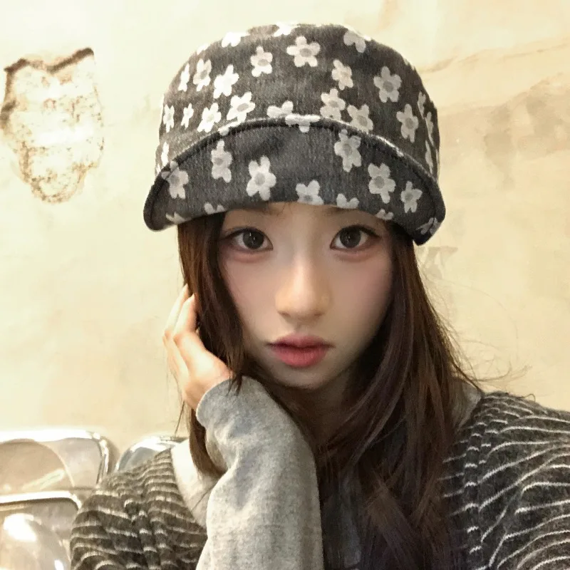 Koreanische Mode Bedruckte Weichkrempige Baskenmütze für Frühling und Herbst, Große Ausführung und Vielseitige Kurzkrempige Newsboy-Mützen für Damen – Detail 2