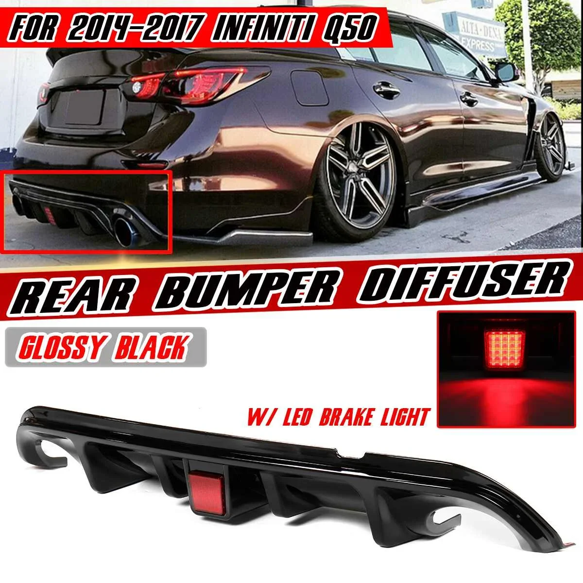 

Q50 Carbon Fiber Look/Black Car Rear Bumper Lip Diffuser Guard Apron With LED Brake Light For Infiniti Q50 2014-2017 Body Kit