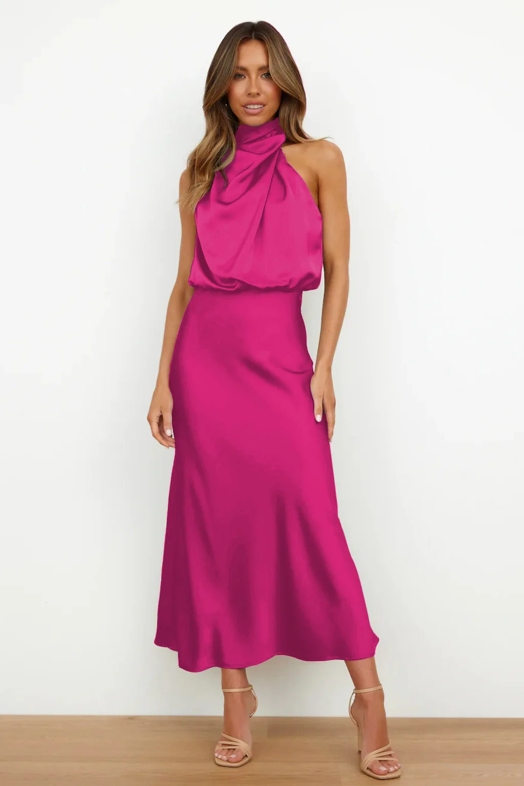 Elegant Office Lady Dress Sexy Off Shoulder Sleeveless High Collar Folds A-line Long Dresses Fashion High Waist Women Clothing