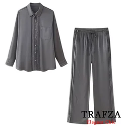 TRAFZA Casual Luxury Embroidery Beading Set Women's Satin Lapel Draped Blouse and Pant New 2024 Spring Summer Outfit Shirt Suit