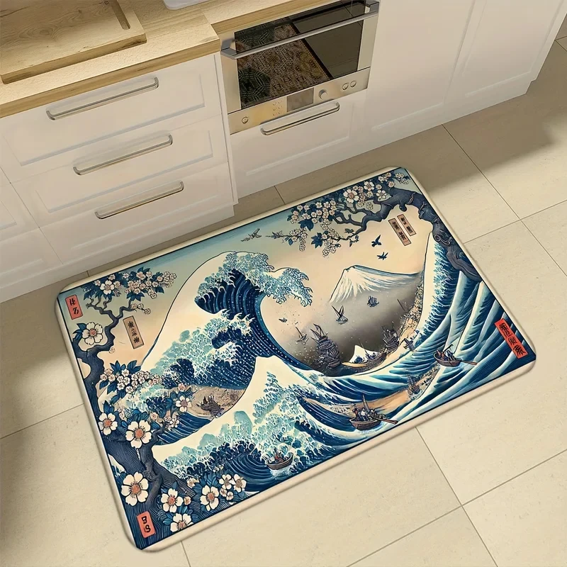 

VIKAMA Japanese Ukiyo-E Wave Rug Vintage Area Carpet for Living Room Kitchen Entryway Decor