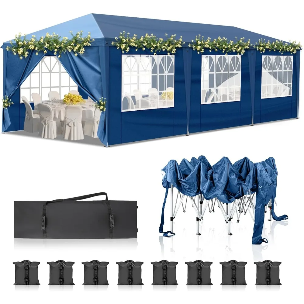 10x30 Pop Up Blue Canopy Outdoor Tent Party Tents with 8 Sidewalls, Wedding Party Tents Outdoor Canopy Waterproof UV50 Canopy