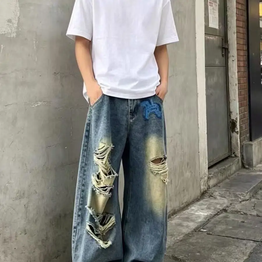Men's Pony Print Ripped Jeans Casual Pants Wide Legs Sweatpants Boys Summer Bottom Male High Waist Unisex Baggy Trousers