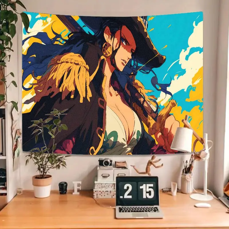 Arazzo pirata femminile estilizzato da 1 pezzo con capelli lunghi scuri e spada, sfondo cielo blu vibrante, decorazione da parete per soggiorno in camera da letto