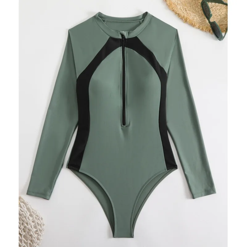 

Sun Protection Zipper One Piece Swimsuit Closed Long Sleeve Swimwear Sports Surfing Women's Swim Wear Bathing Suit Beach Bather