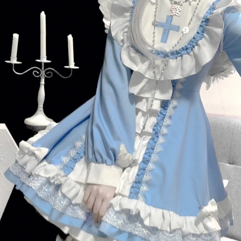 Robe Gothique Lolita OP de Style Harajuku pour Femme, Tenue de Princesse à Volants avec Nministériels d Kwaii, en Patchwork Bleu et Blanc, Mini Tenue de Tea Party Japonaise