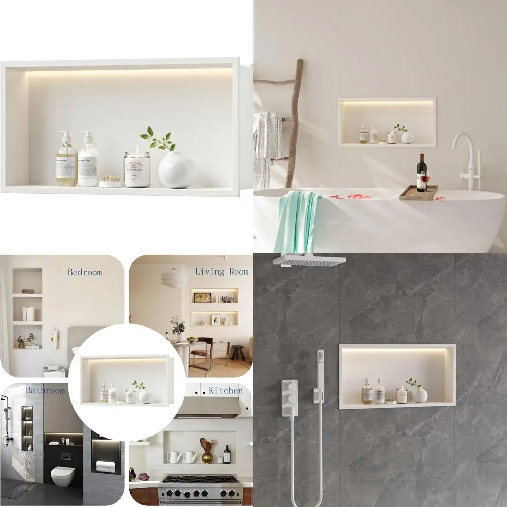 

24x12 Inch White Recessed LED Shower Niche with Stainless Steel Cabinet, No Tile Required for Bathroom Storage