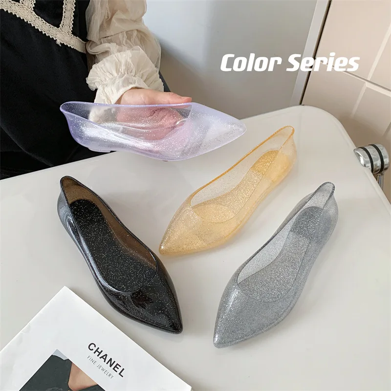 Crystal Shallow Mouth scarpe singole a punta Casual PVC Jelly Flats Fashion Waterproof versatili sandali estivi Femme mocassini scarpe da donna