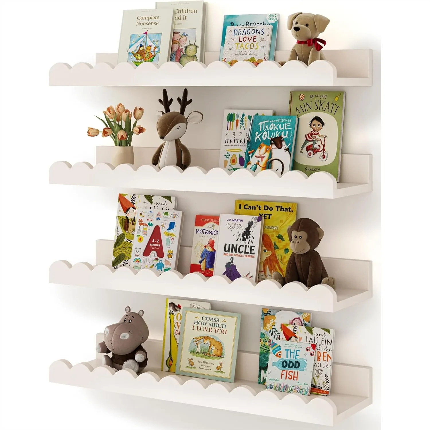 

4-Pack White Scalloped Floating Shelves For Kids Room Wall Book Shelves Nursery Decor