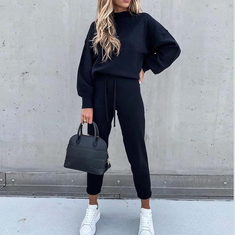 Autumn Winter Solid Color Hoodie Two-piece Sets Women\'s Casual High Collar Long Sleeve Sweatshirt And Drawstring Pants Suit