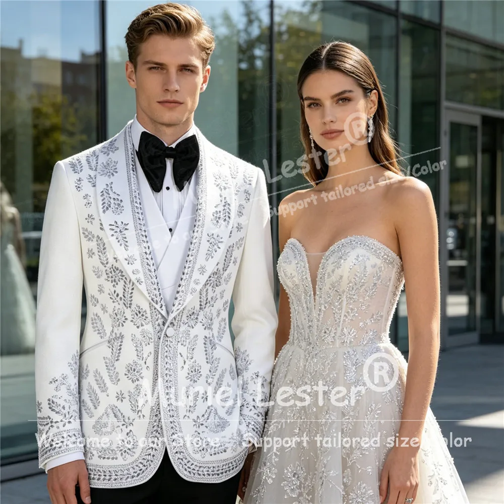 

Customized Men Suit 3 Pieces Sets Luxury Ornament Diamone Tuxedos Groom Male Blazers Wedding Man Attire Slim Party ropa hombre