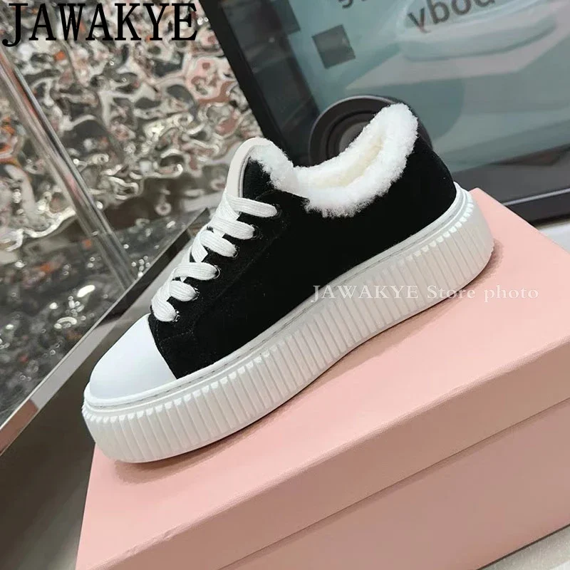 2024 Winter Thick Sole Hairy Fur Flat Shoes Women Brand Round Toe Lace Up Plush Sneakers Casual Warm Wool Platform Shoes Female