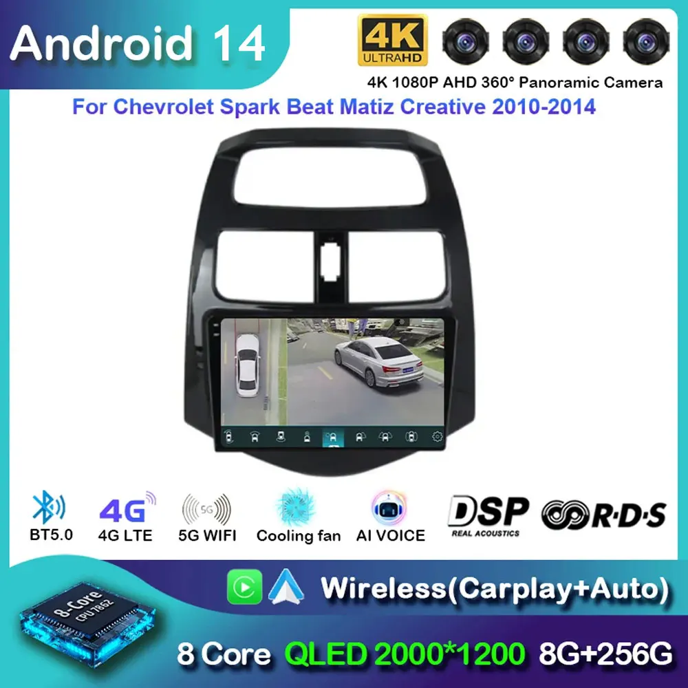 Android 14 Carplay Auto Car Radio For CHEVROLET Spark Beat Matiz Creative 2010 - 2014 Navigation GPS Multimedia Player Stereo BT