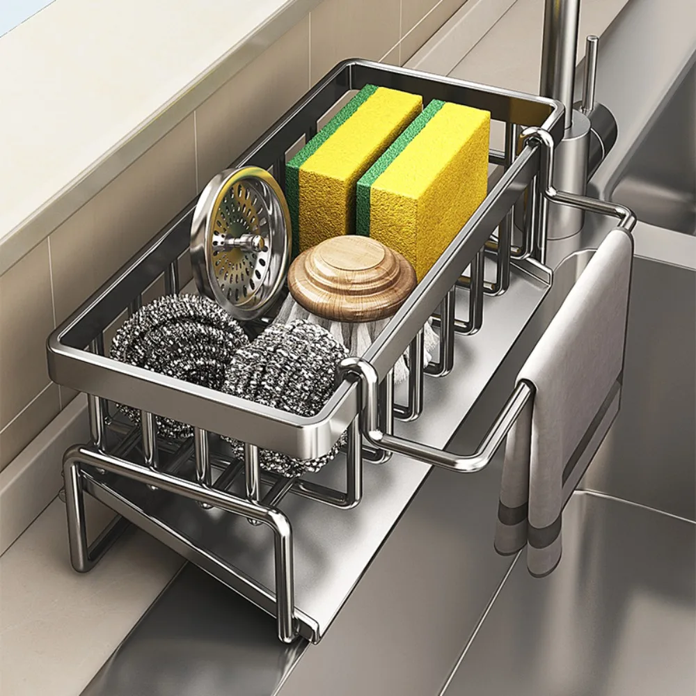Organisateur d'évier en acier inoxydable, égouttoir avec porte-éponge à savon, panier filtrant multicouche, rangement de cuisine, organisateur de cuisine