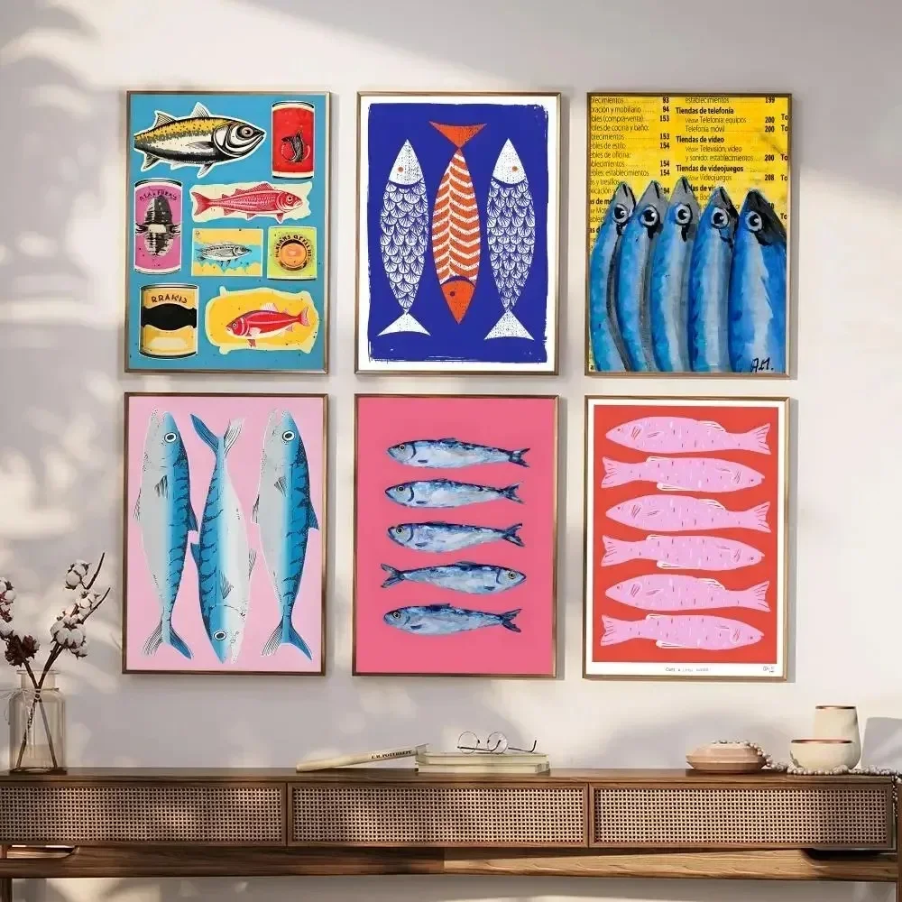 Pósteres e impresiones de pintura de diamantes con diseño de animales marinos, sardinas, langostas y peces coloridos, cuadro artístico para decoración de sala de estar