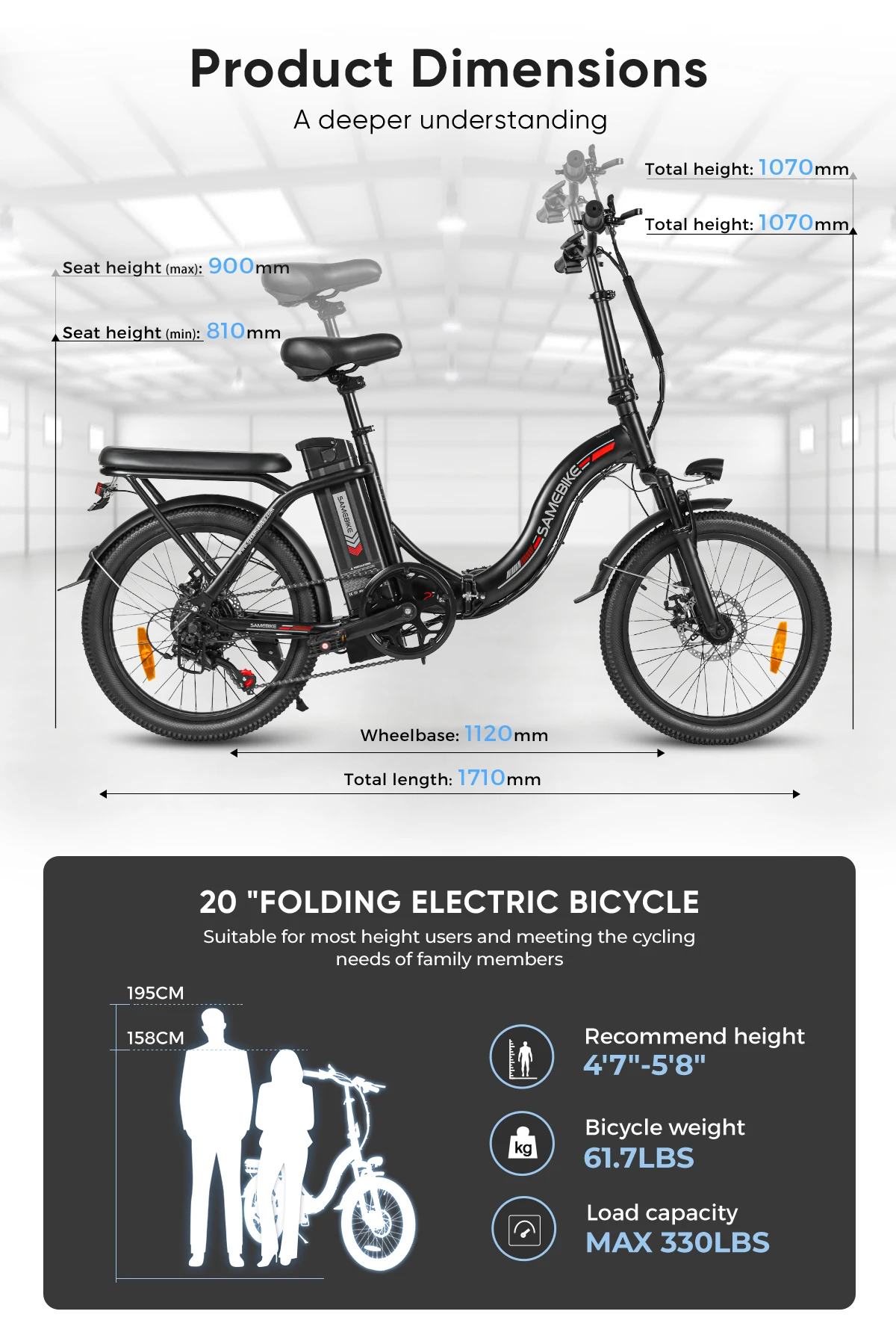 Samebike CY20 Faltbares Elektrofahrrad 250W mit 36V 12Ah Herausnehmbarer Akku, 20 Zoll E-Bike für Erwachsene, 7-Gang, 25 km/h und Reichweite bis 40-60km – Detail 10