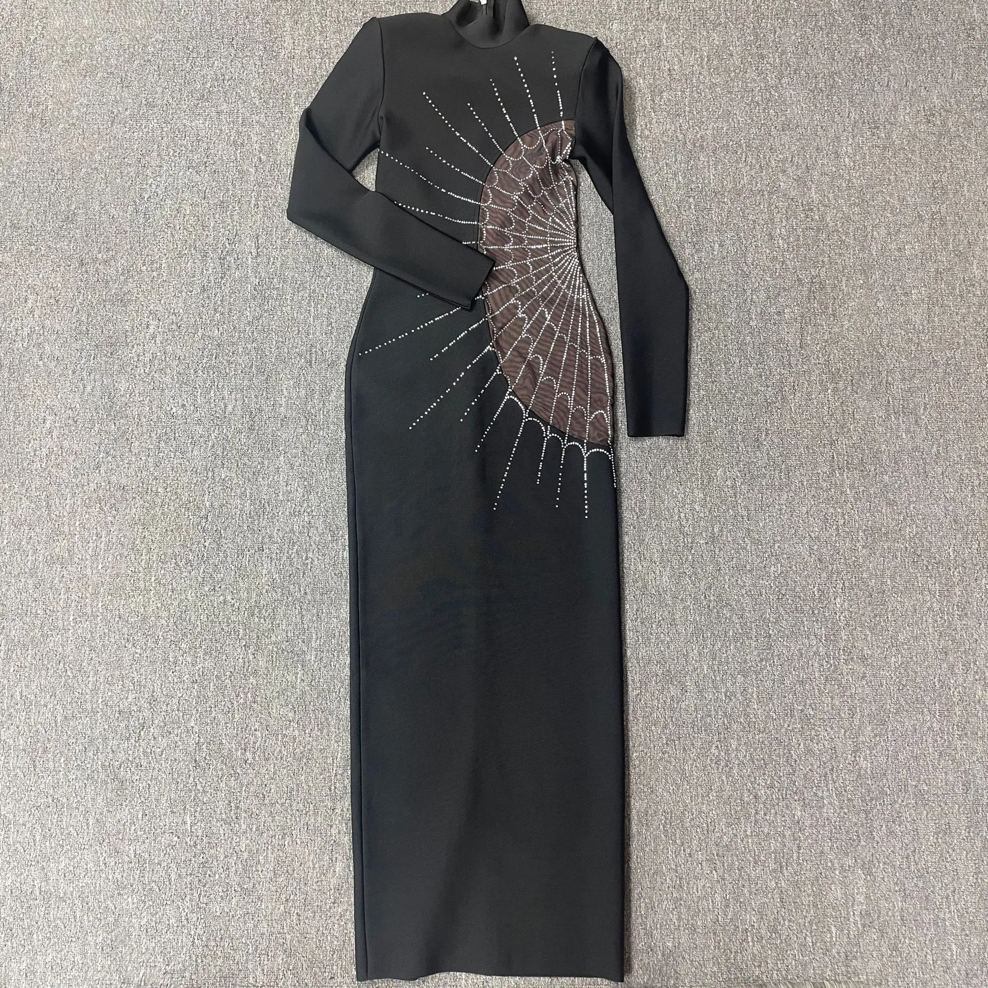 

Women Winter Black Bodycon Maxi Bandage Dress Wedding Sexy Luxury Spider Web Rhinestones Clothes Party Birthday Long Dresses