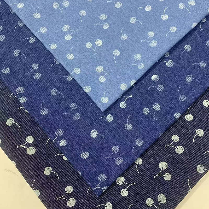 

Thickened Cherry Print Jacquard Washed Denim Fabric for DIY Sewing - Suitable for Dresses Bags Pants Versatile Denim Material