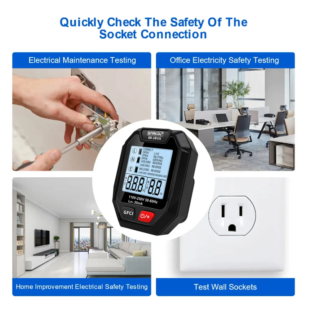 SNAKOL Outlet Socket Tester Digital Plug AC Voltage Detect 30mA RCD Test Polarity Phase Check Circuit Checker Bicolor Backlight