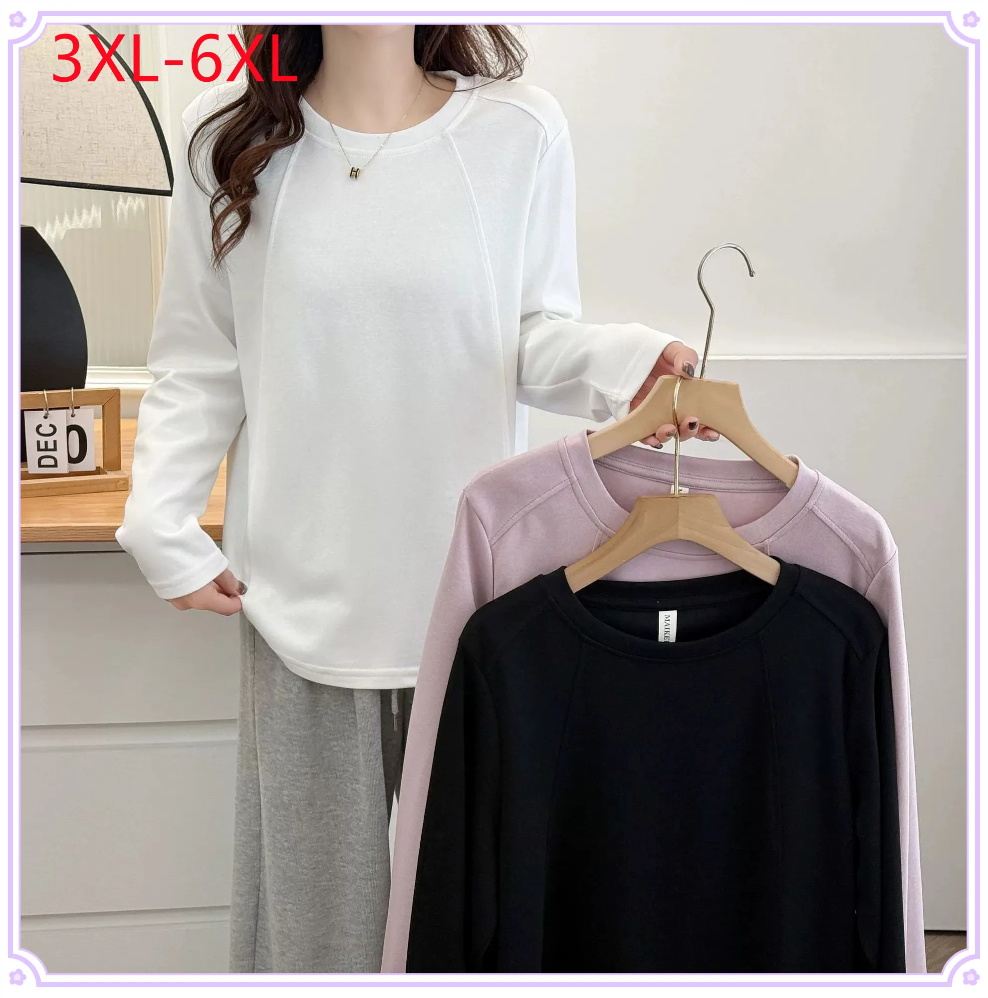 

New 2025 Ladies Spring Autumn Plus Size tops For Women Large Size Long Sleeve Cotton O-neck T-shirt 3XL 4XL 5XL 6XL