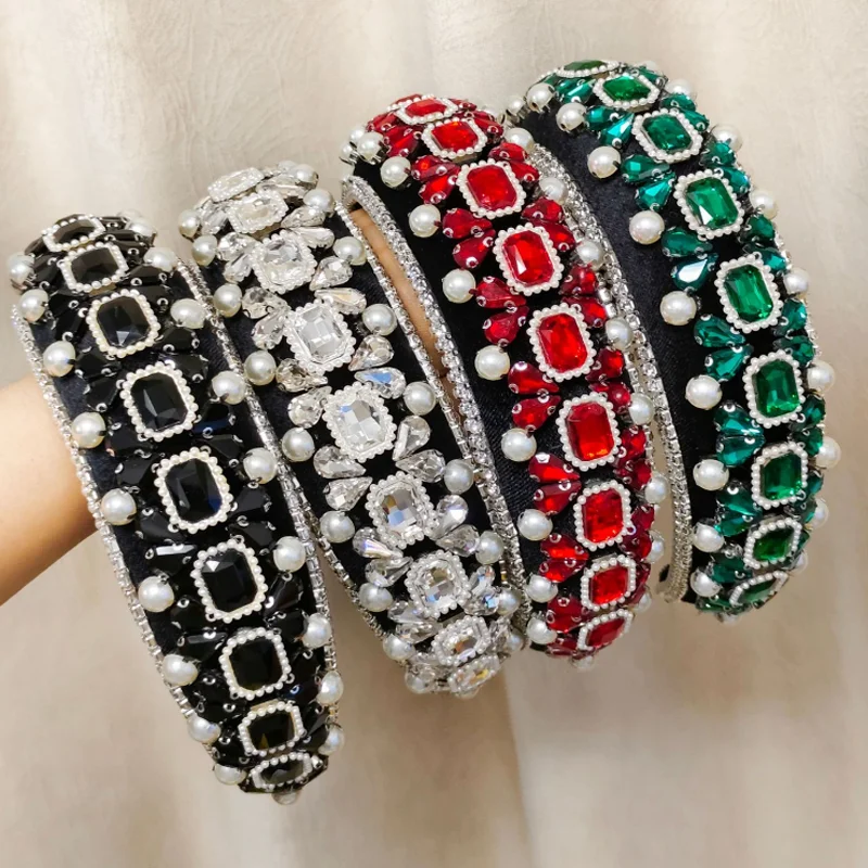 

Retro Full Diamond Pearl Headband Women's High Skull Hair Hoop Hairbands Wash Face and Makeup Hair Clips Accessories Headwear