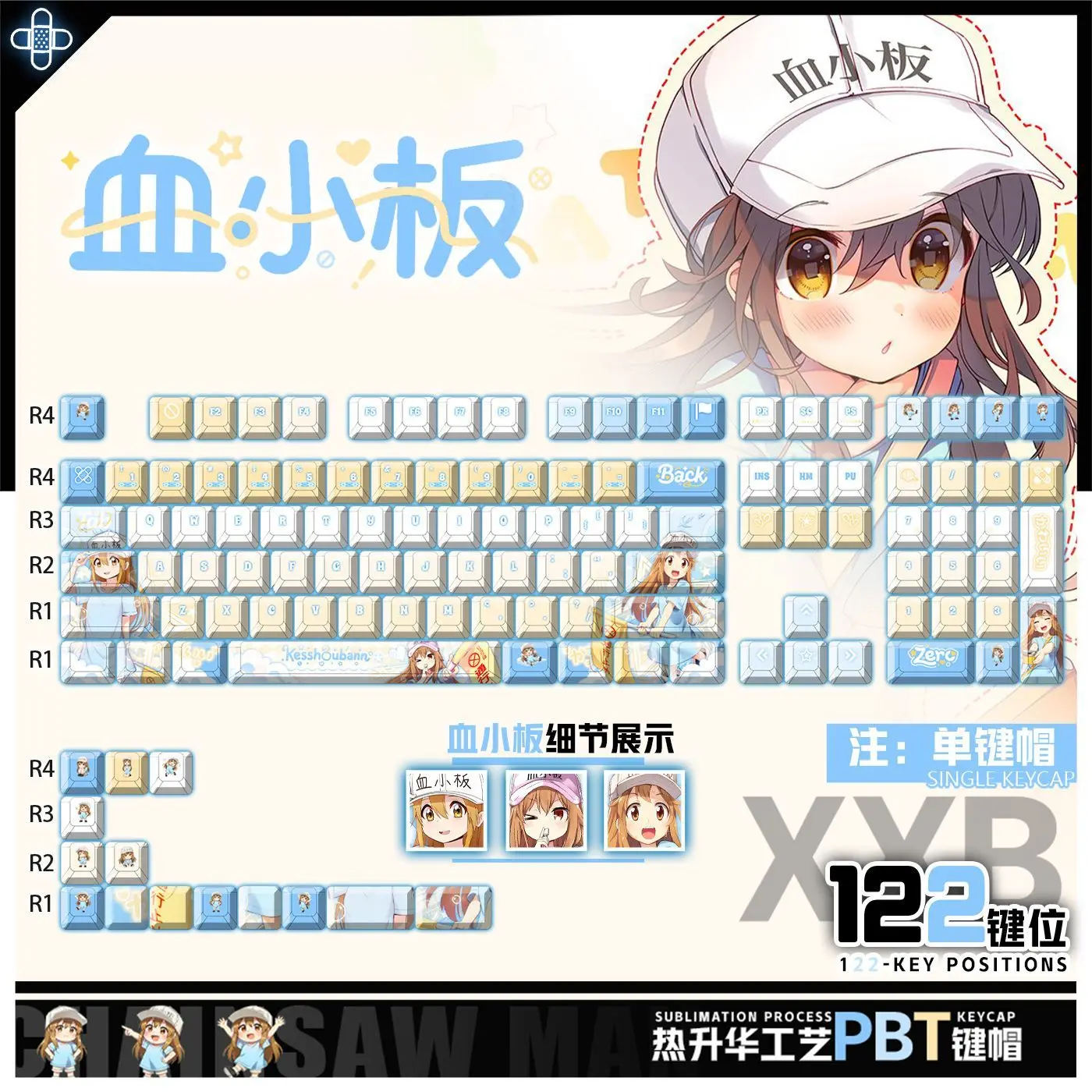 122 Keys Cells At Work!  Platelet Keycaps Anime Chreey PBT Transparent Key Caps for Made68 Mad68 Wooting 60 Mechanical Keyboard