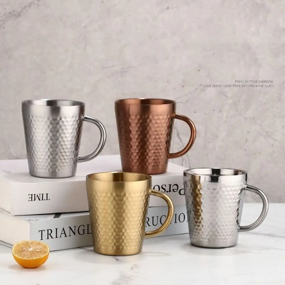 Stainless Steel Cold Water Drinks Cup with Handle Hammered Texture Double-Wall Beer Cups Milk Mugs for Kitchen Drinkware Bar