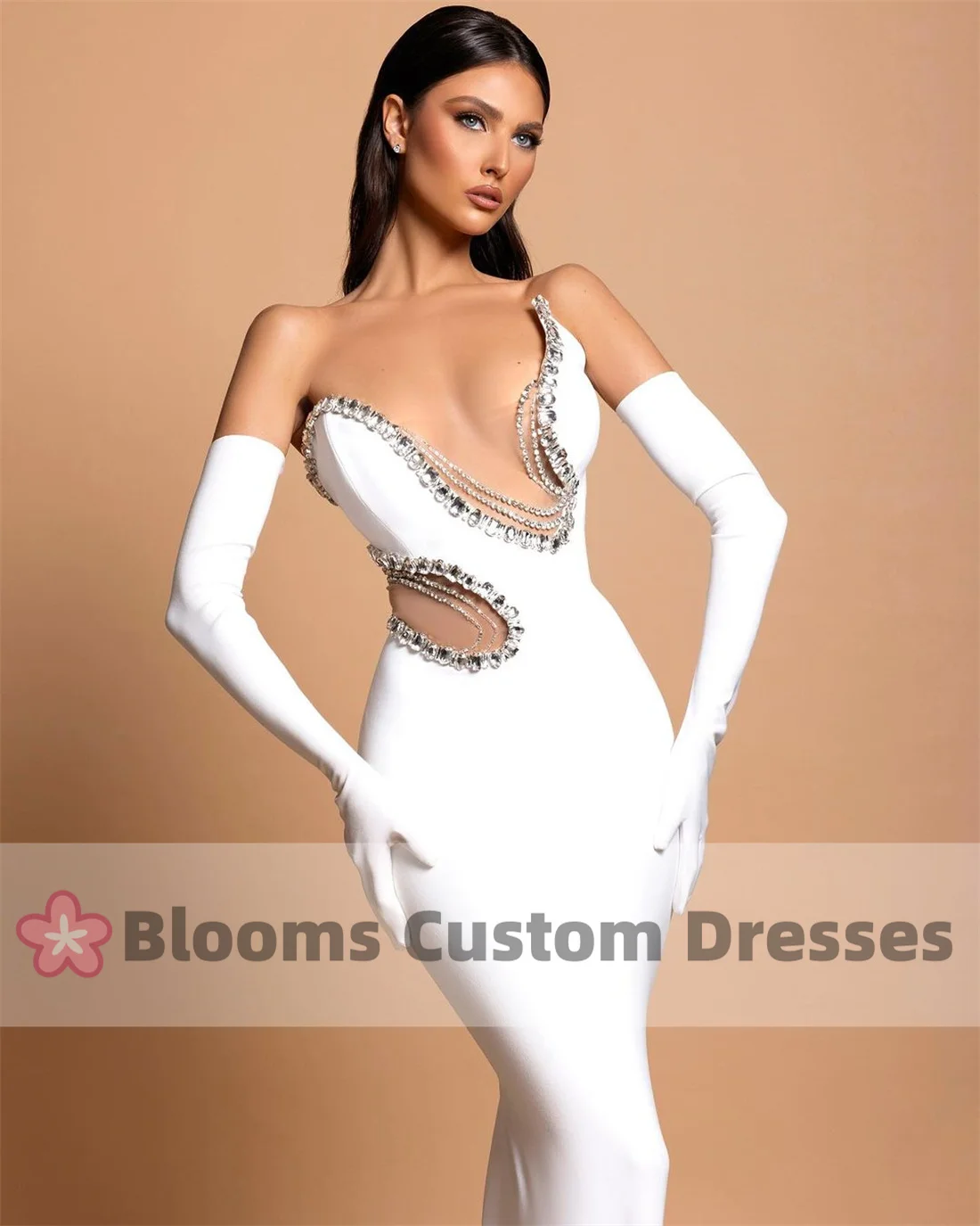 Blooms Pure White Cut-out Crystal Customized Evening Dresses Mermaid Sexy Formal Occasion Bridal Wedding Gown Custom Party Dress