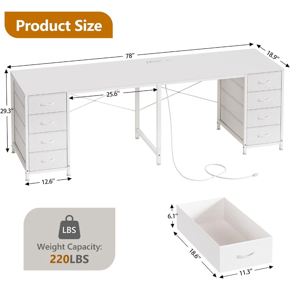 2-person desk with 8 drawers, large home office computer desk with power outlet, 78 inch long double desk