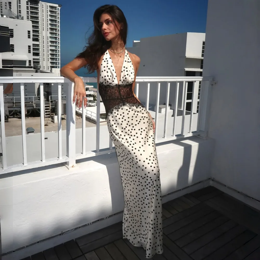 Absobe المرأة البولكا نقطة الدانتيل الرسن الرقبة منخفضة الخامس عارية الذراعين فستان طويل أنيق مثير سليم حفلة ثوب مسائي الزفاف وصيفه الشرف الزي