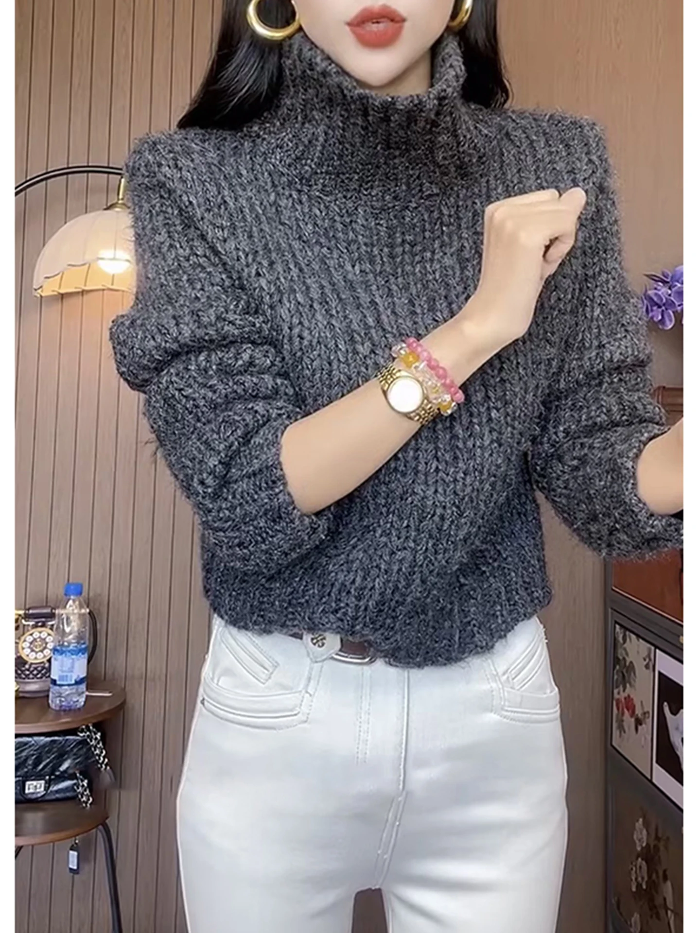 레트로 레이지 슬레 여성 니트 스웨터 루즈핏 따뜻한 겨울 패셔너블 심플 퍼스널리 통근 니트웨어