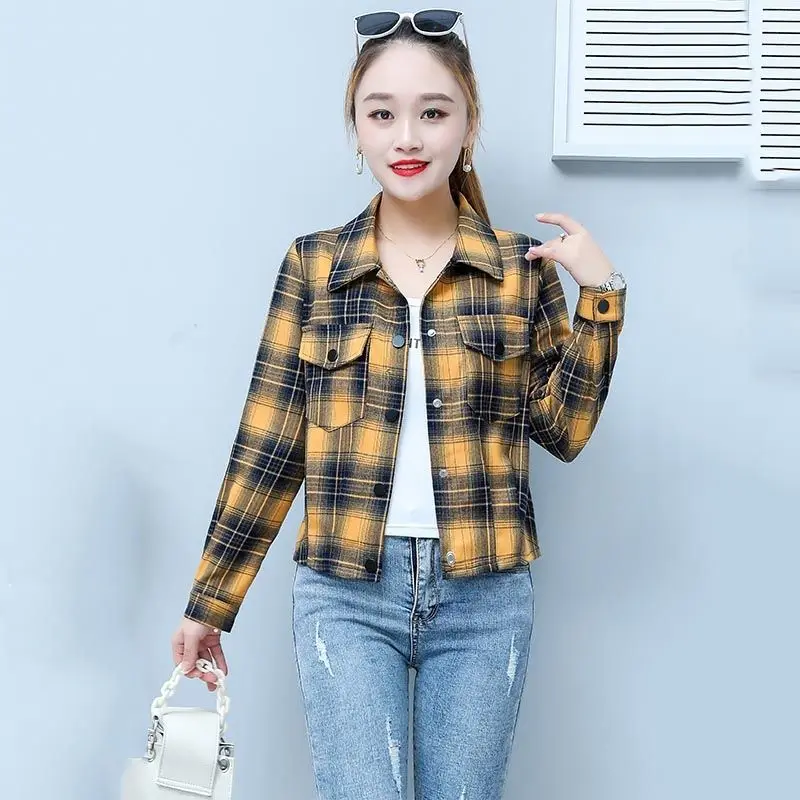 

Spring New Plaid irt Women's ort Coat Slim Casual Small Collar Long Sve Polyester Fiber Ladies Faion