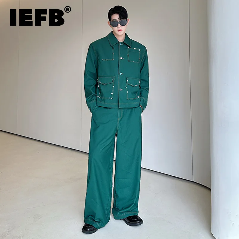 IEFB Niche Design hombres de dos piezas diamantes decoración bolsillos Color sólido chaquetas de una sola botonadura pierna ancha pantalones sueltos masculinos 9X1000