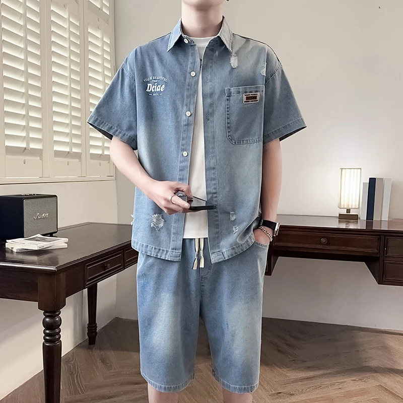 

Summer men's denim shirt stylish and handsome, versatile and suitable for parties - short-sleeved short pants set