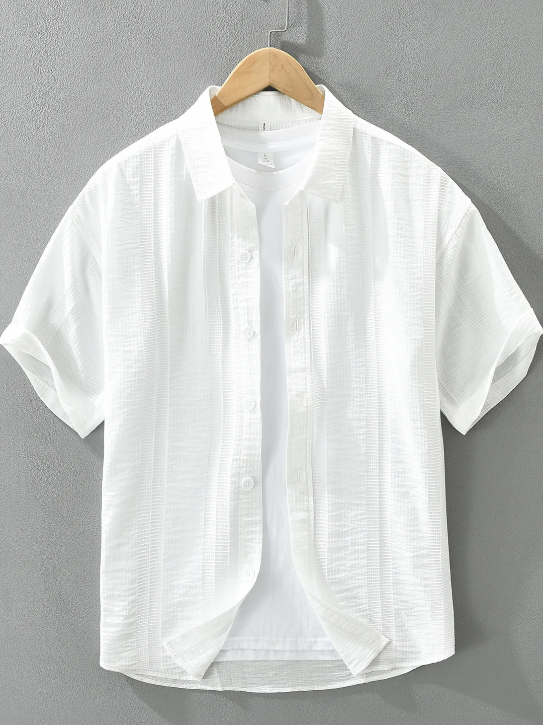 

Summer Thin Breathable Casual Shirt Men's Short Sleeve Lyocell Blend Loose Fit Regular Length Striped Pattern Button Closure