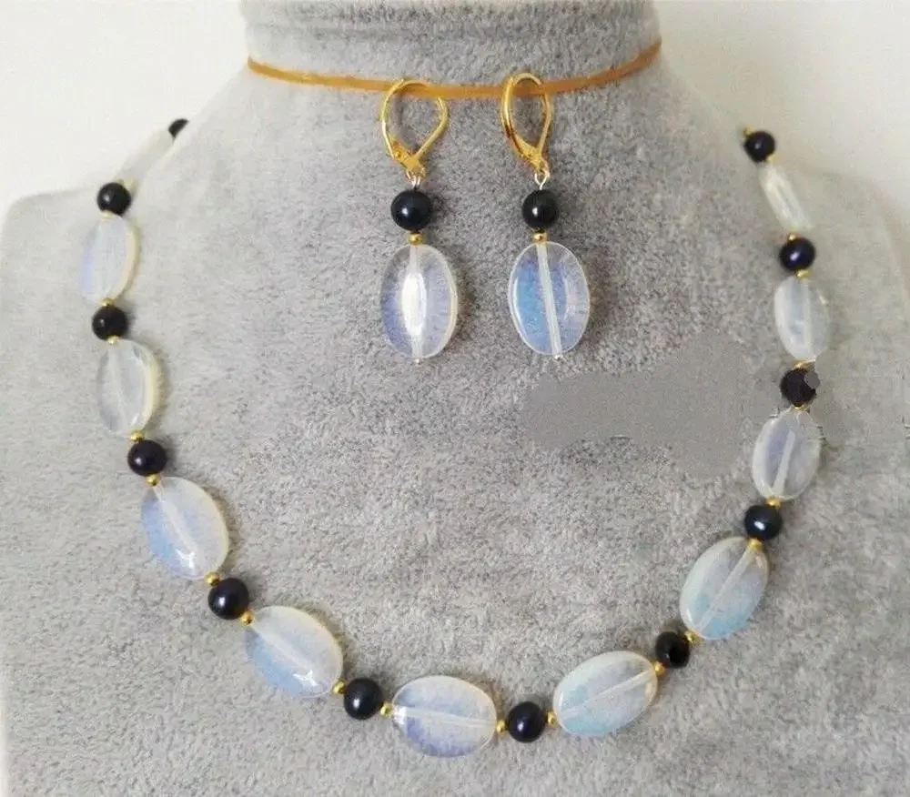 13x18mm Natural White Moonstone Gemstone Beads Necklace 18'' Earring Set