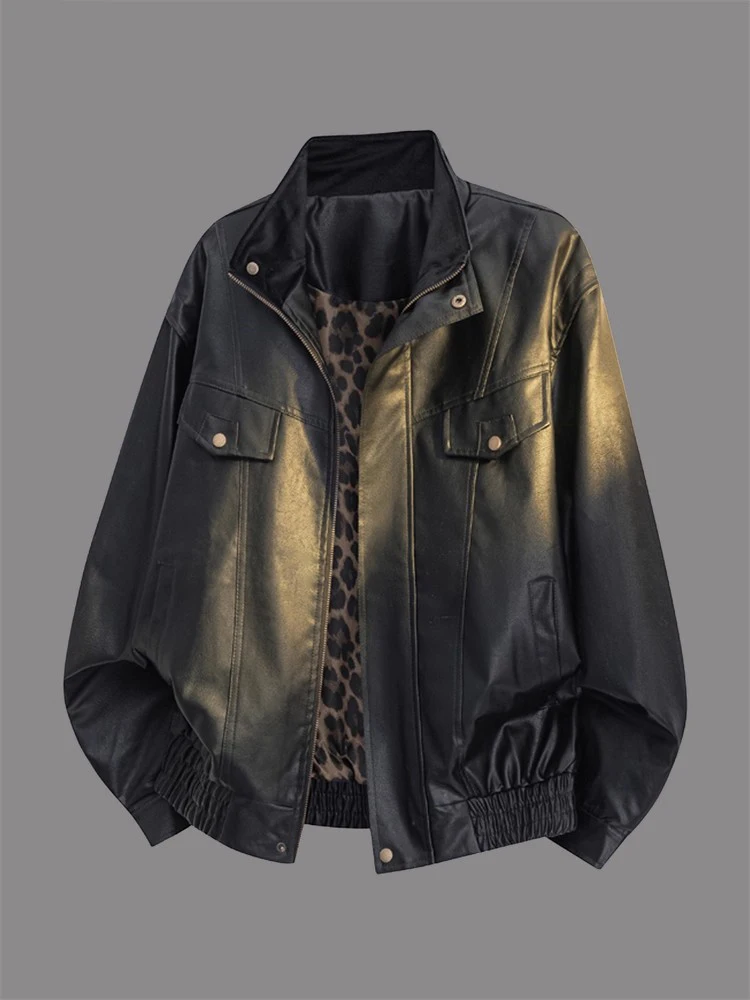 

Высококачественный мужской повседневный байкерский джет с леопардовым принтом и воротником-стойкой, мотоциклетный костюм для верховой езды, верхняя одежда, осенне-зимнее кожаное пальто
