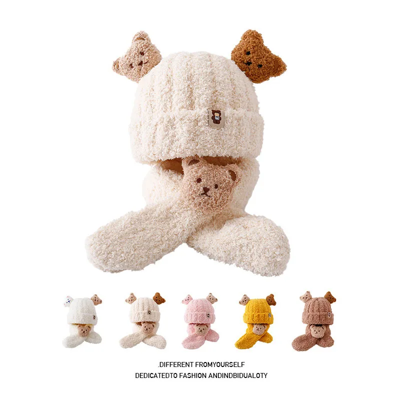 الشتاء الطفل أفخم قبعة 0-2T الكرتون الدب الرضع الفتيات قبعة ووشاح الحلو الدافئة الفراء مبطن قبعة طفل صغير