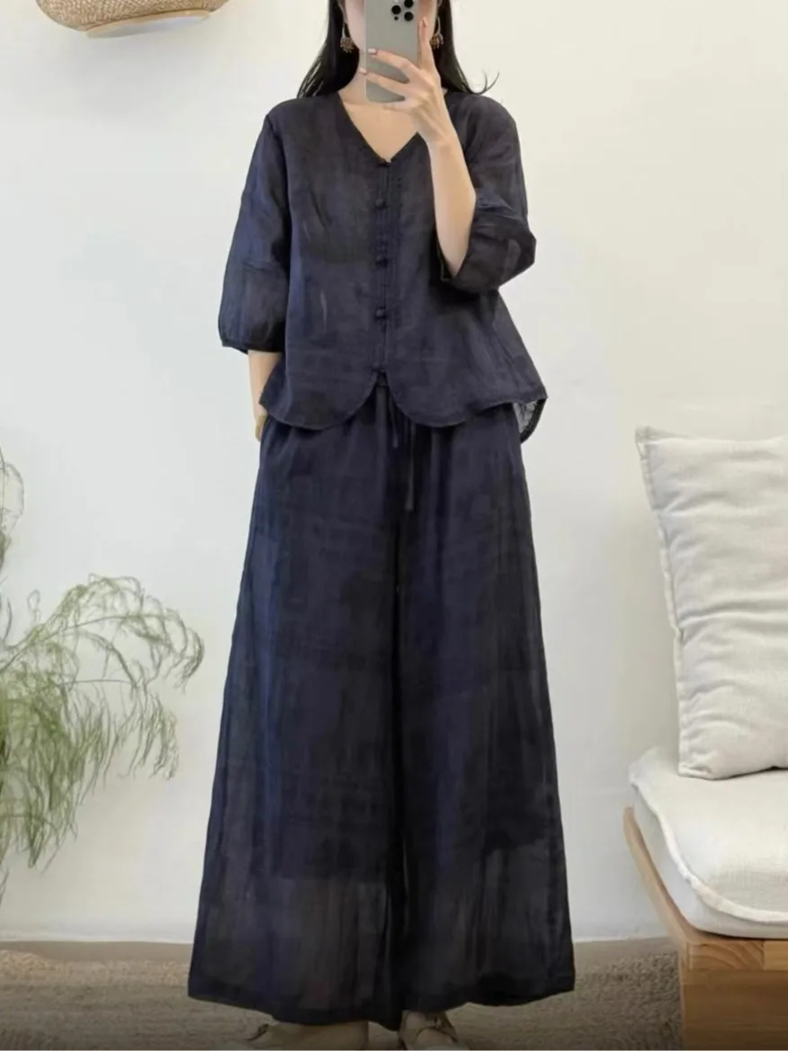 

Retro Artistic Print Linen Wide Leg Pants Women's Summer New Loose Straight Cut Shirt Sleeveless Top And Pants Set