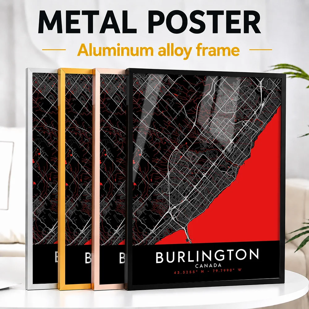 Burlington Dark Map Framed Metal Print Customized Photo Golden Detail Style Wall Art For Meeting Room Thoughtful Resident Gift