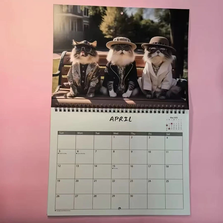 Подвесной календарь на 2026 год — три милых кошачьих узоров в модных очках, ежемесячный график с января в декабрь