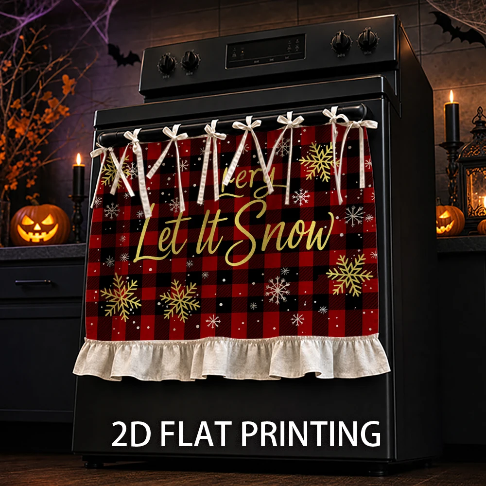 1PC Christmas Kitchen Curtain-Cabinet Curtain-Apron. Printed with snowflakes and red checks. Can be used as a stove curtain, ove
